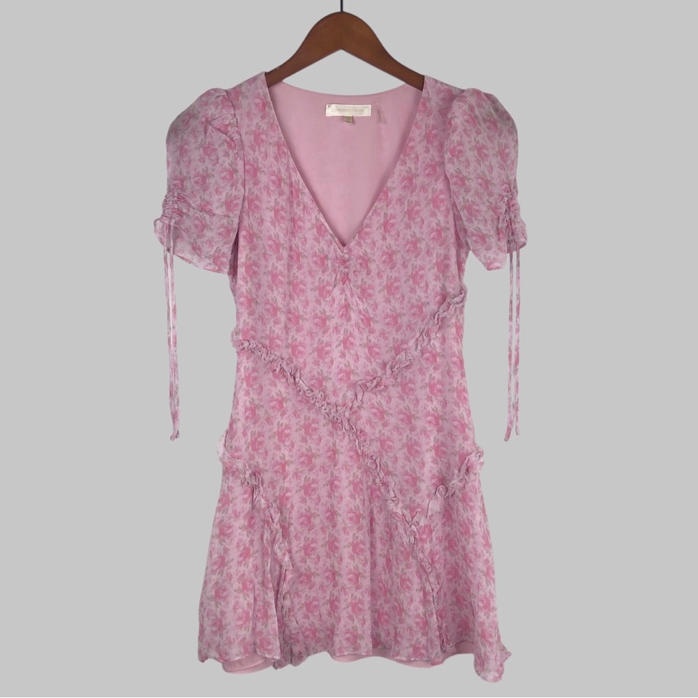 LoveShackFancy Posh Dress Rose Patch Mini‎ Puff Sleeve Ruched Size 00
